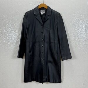 CLIO Black Genuine Leather Long Coat Jacket Women’s Size 10 Button Front Vintage